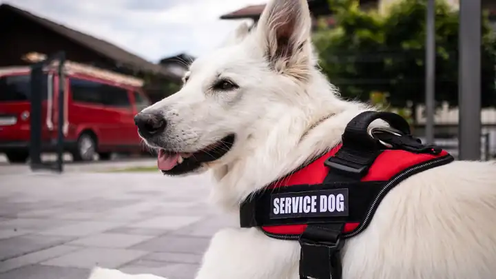 White service dog in a red harness on a city street