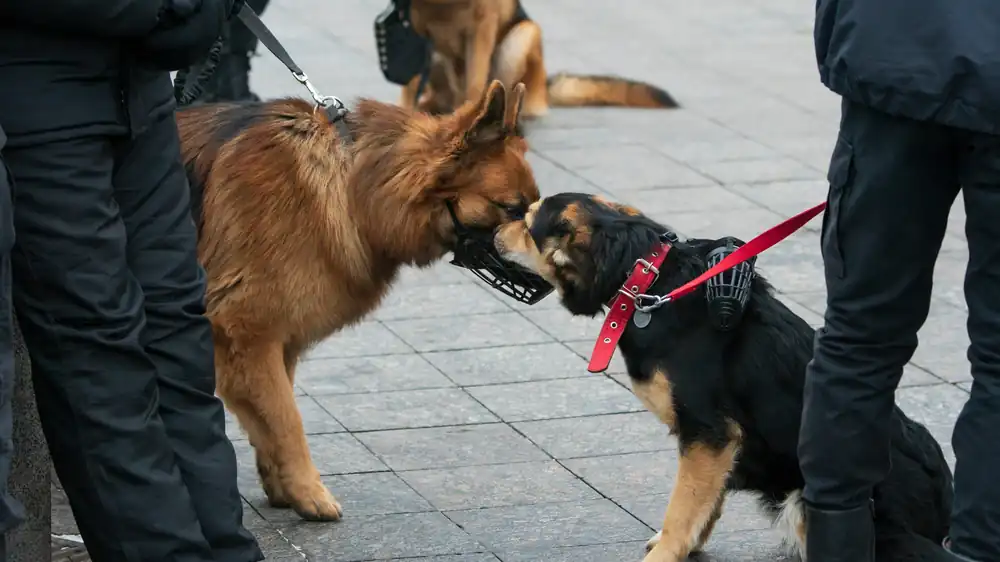 Two dogs meeting on a city street